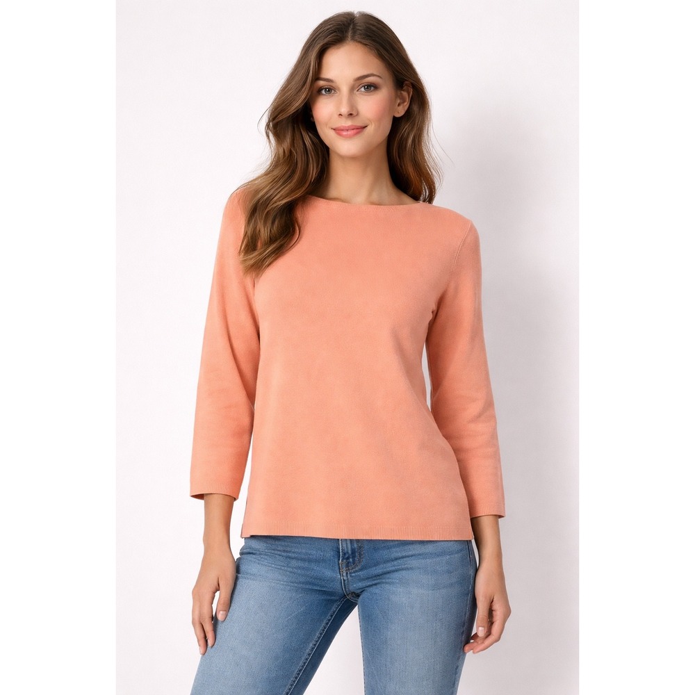 Due Per Due Peach Silk Blend Ribbed Boat Neck 3/4 Sleeve Knit Top Womens Medium